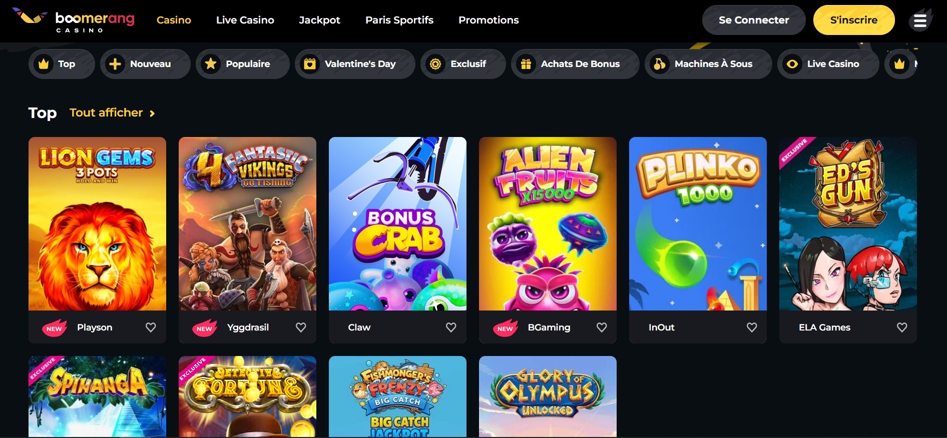 Boomerang Casino jeux